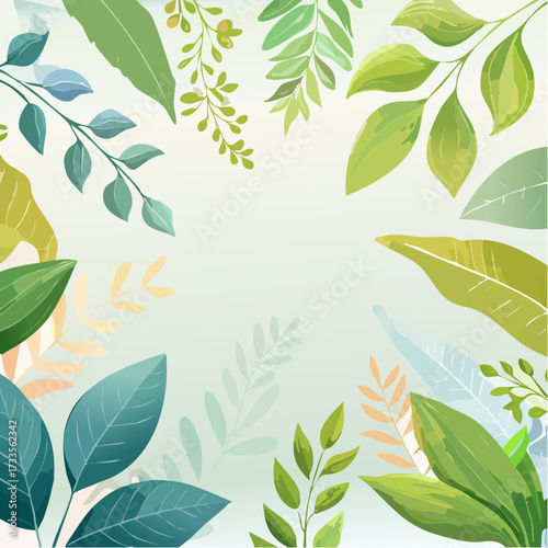 Illustration of various green leaves arranged around a central space.
