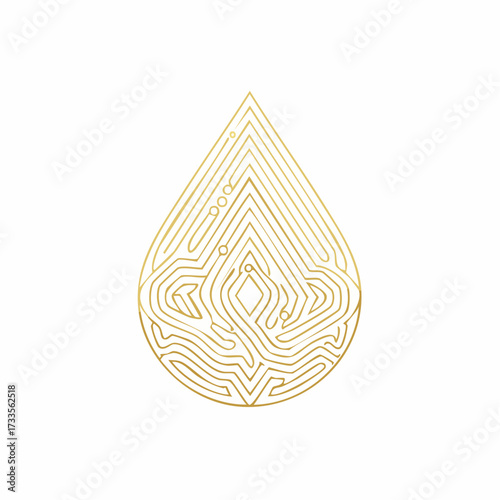 Golden teardrop with circuit board pattern on white background, digital art.
