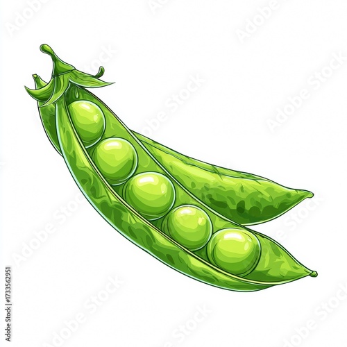 A close-up illustration of a fresh pea pod, revealing vibrant green peas. The pea pod is slightly open, showcasing the perfectly round, luminous peas inside.