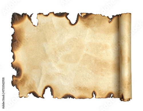 A scorched paper scroll, unrolled, with browned edges and a rolled end on black