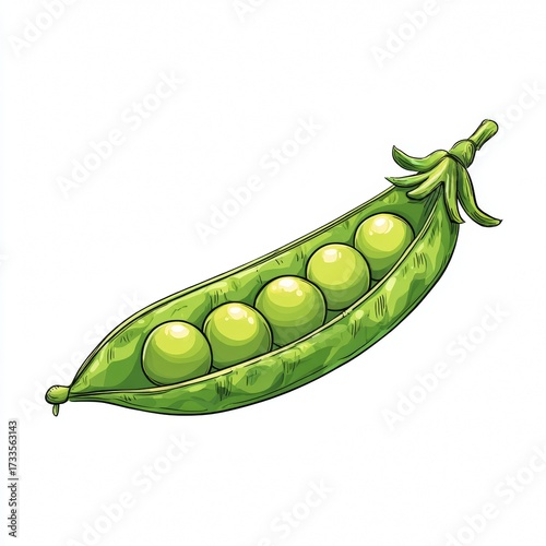 A close-up illustration of a fresh pea pod filled with several round, vibrant green peas. The pea pod is slightly open, revealing the perfectly formed peas inside
