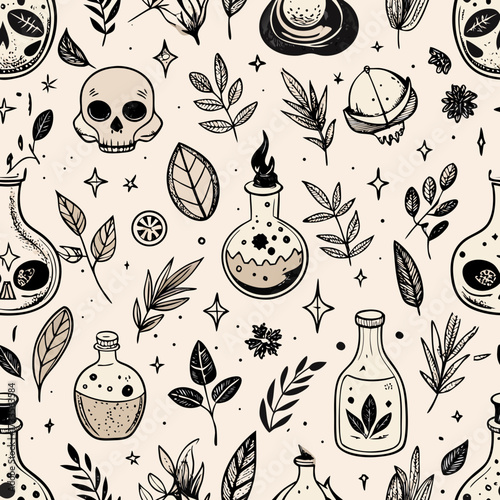 Seamless Doodle Halloween Botanical Pattern with Potion Bottles Herbs Crystals Moons Skulls Rustic Ink Drawing on Cream White Background