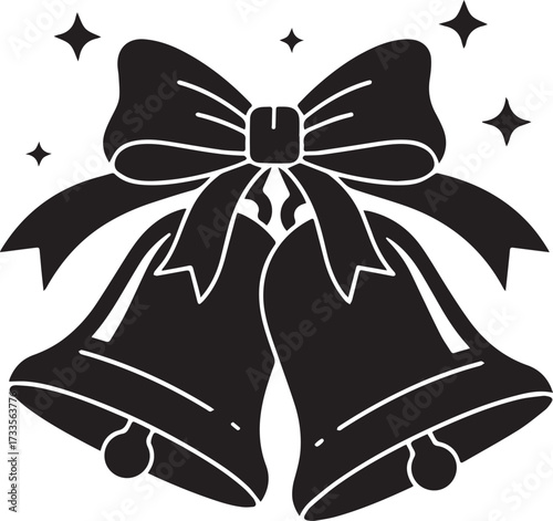 Black silhouette of two Christmas bells tied with a festive bow and sparkling stars