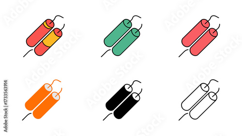 Vector art of group of six dynamite icons in various colors and styles