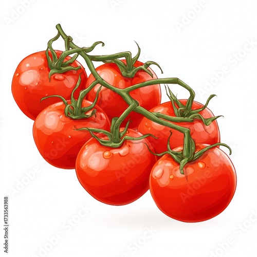 A cluster of ripe, red tomatoes hanging on a vine, bursting with freshness. The vibrant color and natural detail make this a perfect image for food-related projects