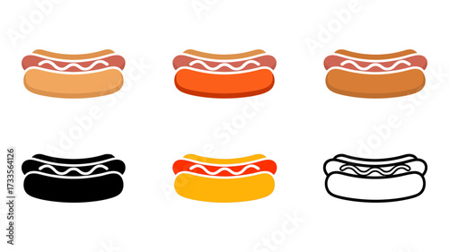 Vector art of set of six hot dog icons in different colors and styles