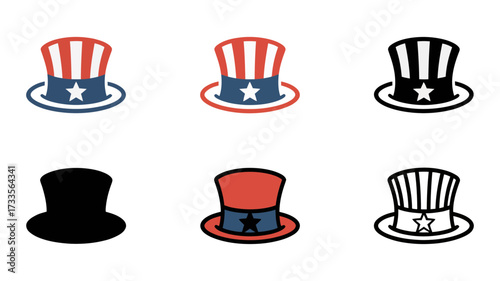 Vector art of set of uncle sam hat icons in patriotic colors and styles