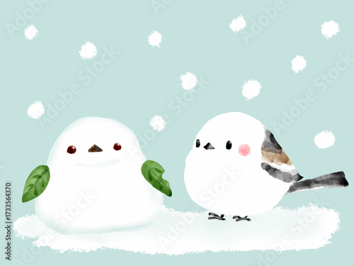 シマエナガと雪だるま　背景　イラスト　絵本風