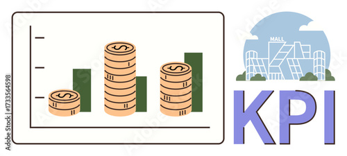 Bar graph with coin stacks signifying financial growth, mall background, and KPI label. Ideal for finance, retail analysis, marketing, strategy, performance tracking economic growth. Simple flat