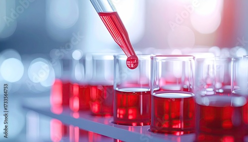 Laboratory Pipette Dripping Red Liquid into Glass Test Tubes in a Bright Sterile Environment Diagnostic Equipment and Liquid Analysis