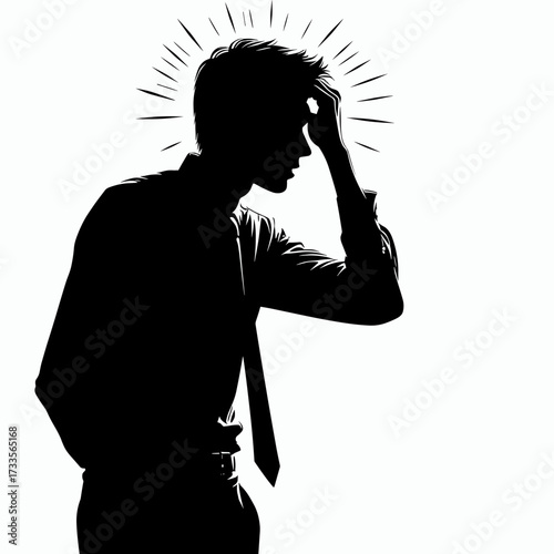 Silhouette of stressed businessman holding head with hand  