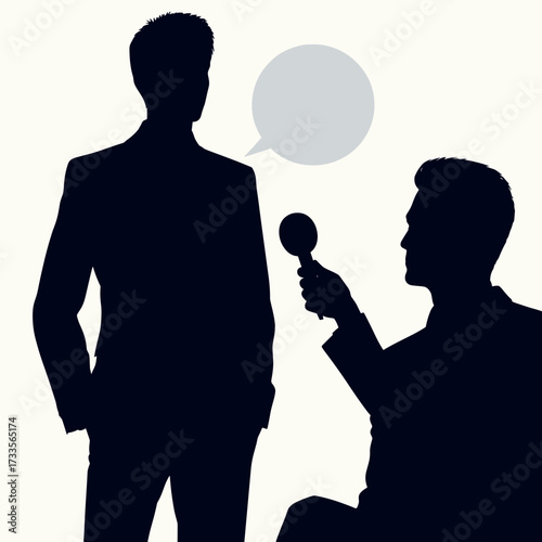 Interview between two silhouetted men with microphone and speech bubble  