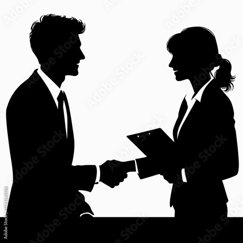 Silhouette of a candidate shaking the interviewer's hand while holding a clipboard in a professional setting against a plain background