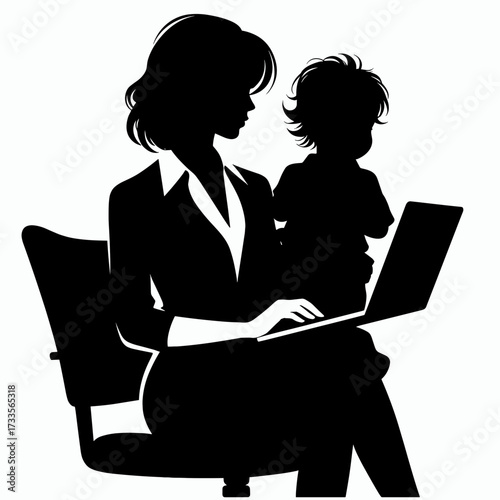 Mom working remotely with child in silhouette on white background