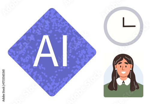 Purple diamond with AI, analog clock, smiling person. Ideal for technology, time management, innovation, learning, teamwork communication human-centered design. Simple flat metaphor