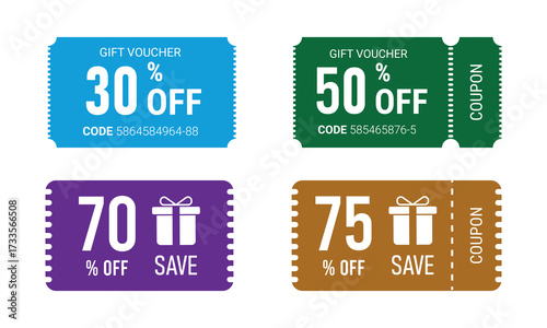 Vector stock illustration of a set of ready-to-use discount coupons designed as tickets, certificates, and circular templates for promotional offers