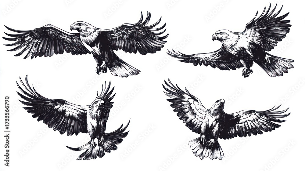 Obraz premium Four dynamic, ink-style sketches of eagles soaring and diving with spread wings