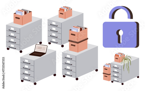 File cabinets with folders, laptop on one cabinet, lock icon, and decor plant. Ideal for data management, privacy, security, organization, office workflow document storage simple flat metaphor
