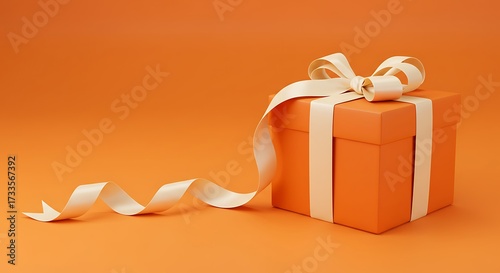 An elegant orange gift box tied with a curly cream ribbon, set against a plain, matching orange background.