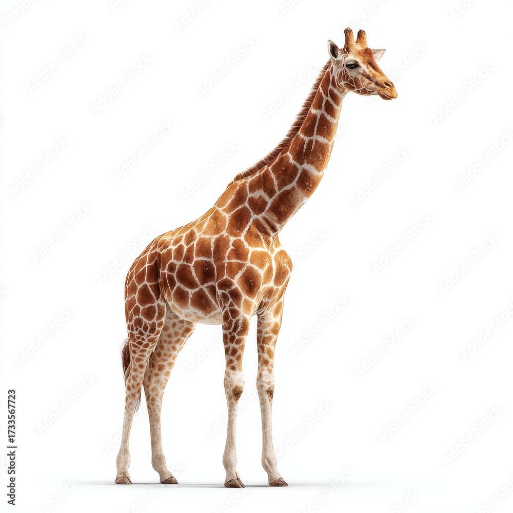 Naklejka premium A tall giraffe standing gracefully, showcasing its unique spotted pattern. The giraffe's long neck and legs are prominently displayed