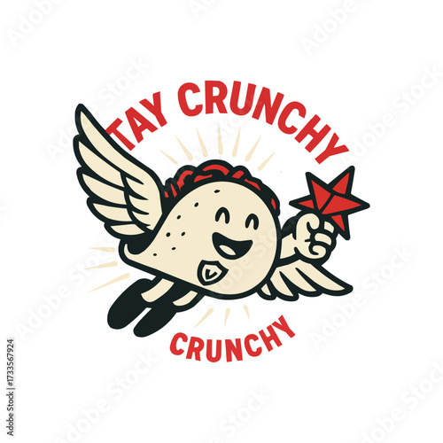 Winged taco holding star, playful stay crunchy vector badge