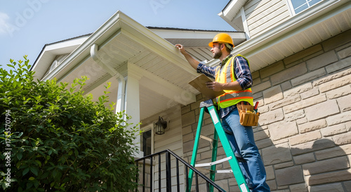 Professional Gutter Worker Inspecting a Home's Drainage System from a Ladder