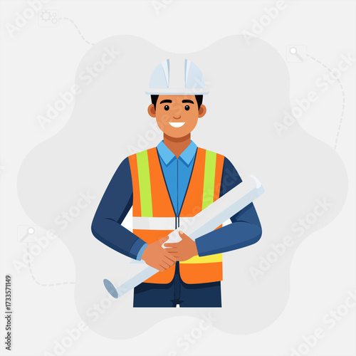 Modern Flat Design Engineer Holding Blueprint Illustration in Light Background