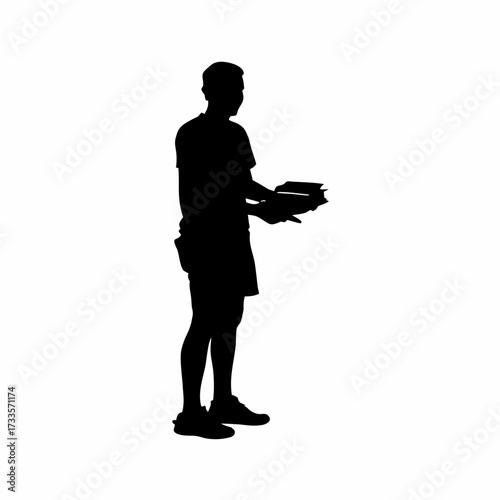 Silhouette of campaign worker distributing writing notebooks isolated on white background