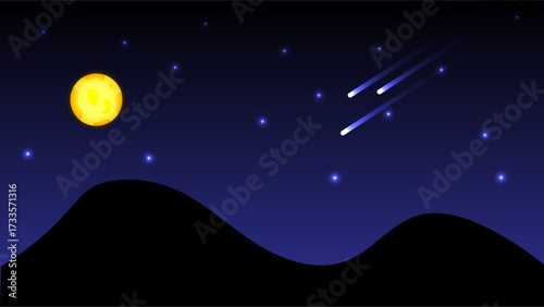 Digital illustration of a night landscape featuring a glowing moon, bright stars and shooting meteors above dark hills