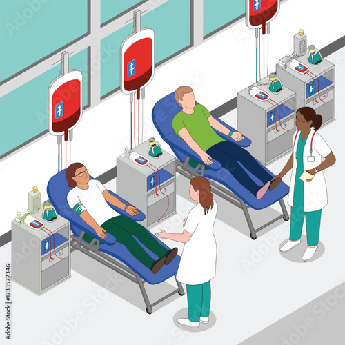 Blood Donation Center with Donors and Medical Staff in Isometric View blood bank