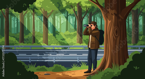Illustrative vector of a man using binoculars in a forest alongside a road