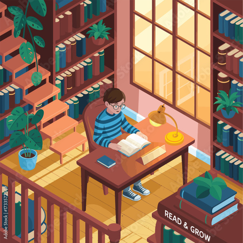 Boy reading at a desk in a library with bookshelves and a spiral staircase lamp