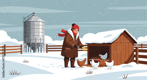 Winter Farm Scene with Woman Feeding Chickens near Coop and Grain Silo
