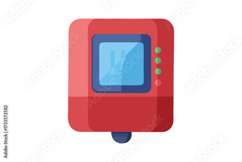 A red device with a blue screen