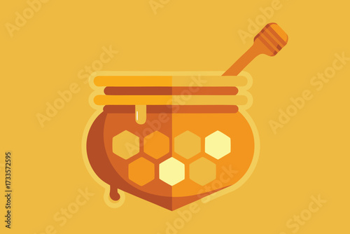 A honeycomb shaped container with a honey stick