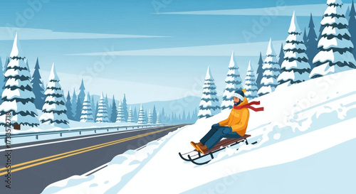 Whimsical winter scene: A man enjoys a sled ride down a snowy hill landscape