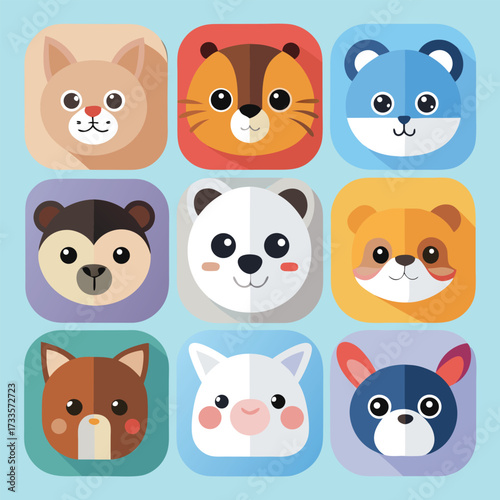 Collection of nine adorable flat design cartoon animal face icons perfect for childrens apps games or educational materials