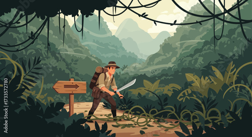Adventurous expedition into dense jungle, navigating with directional sign