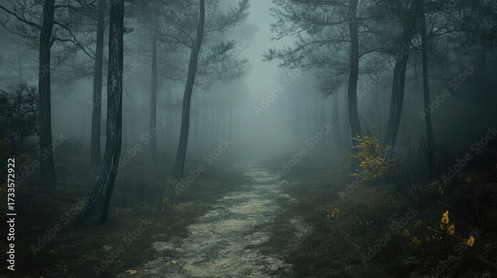 Naklejka premium A path through a forest with foggy trees