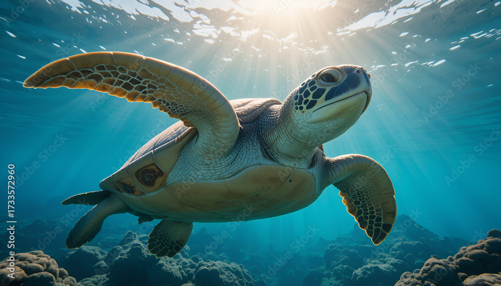 Obraz premium Sea turtle swims gracefully in the ocean with sun rays shining through
