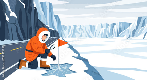 Investigating Polar Ice Cracks: Arctic Researcher Examining Ice Condition