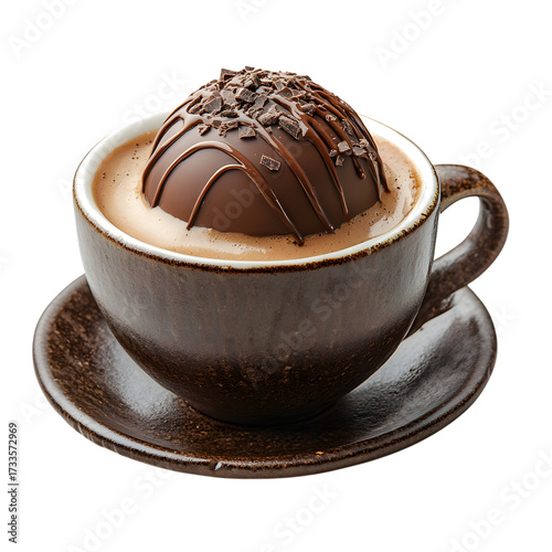 Delicious chocolate hot cocoa bomb melting into a warm mug of creamy hot chocolate topped with sprinkles isolated on transparent background