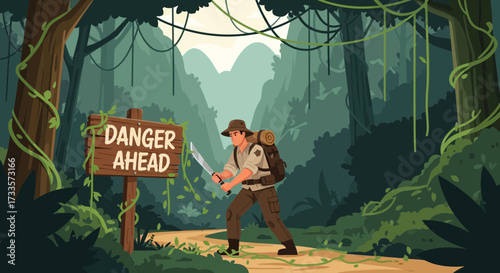 Brave explorer navigating a treacherous jungle with swords near a danger sign