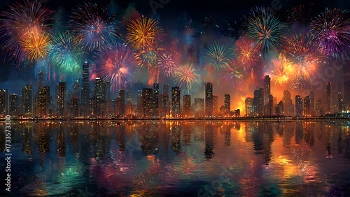 Happy New Year Fireworks Celebration Over City Skyline