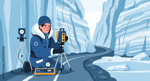 Surveyor using instruments for geographic measurements on icy roads and mountains