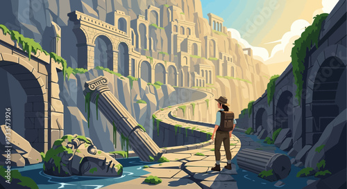 Adventurer Discovers Lost City Ruins Surrounded by Mountainous Terrain Landscape