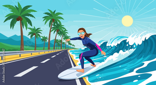 Thrilling cartoon depiction of a woman surfing on the coastline highway
