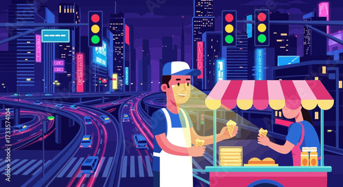 Vibrant city life with a street vendor and neon lights creating an urban scene