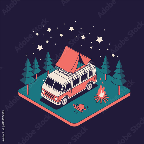 Camper van with tent on roof parked in forest at night with campfire van life camping