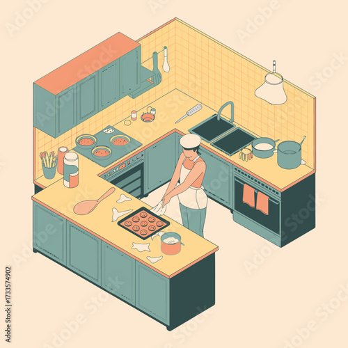 Chef baking cookies in a stylized isometric kitchen with pastel colors graphic design
